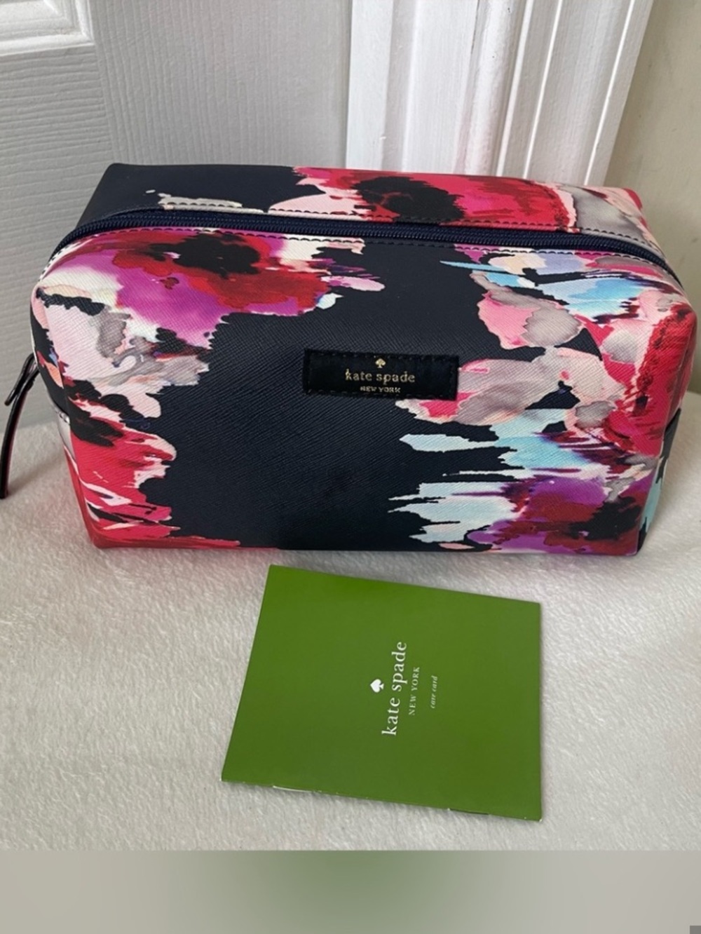 KATE SPACE Black Floral Splash Zip Cosmetic Case